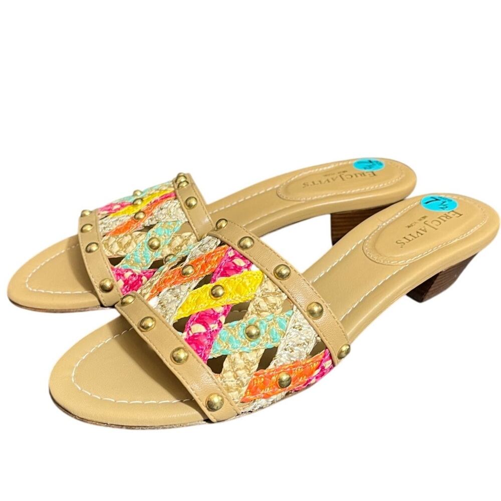 Eric Javits Woven Multicolored Straw & Tan Leather Slip-On‎ Sandals Boho 7.5 N